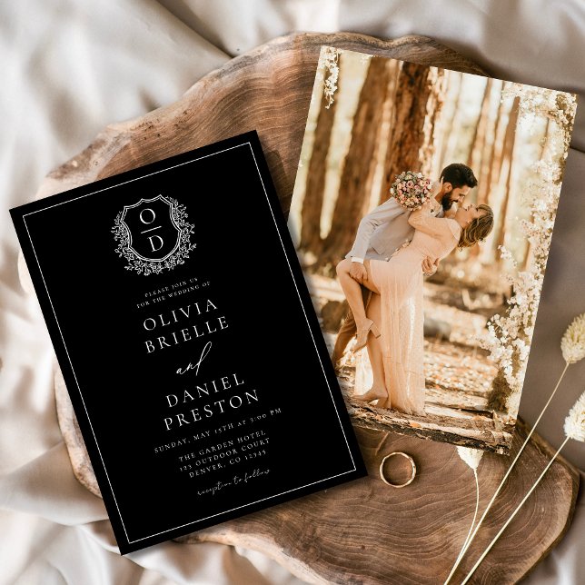 Convite Foto Moderna Floral Crest Monograma Formal (Criador carregado)