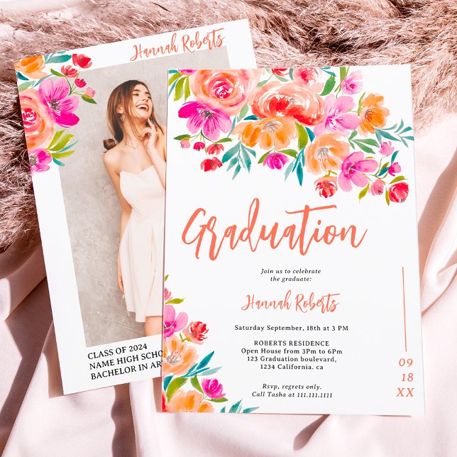 Convite Foto moderna Graduação floral laranja-Boho (Modern photo Boho orange floral graduation Invitation)