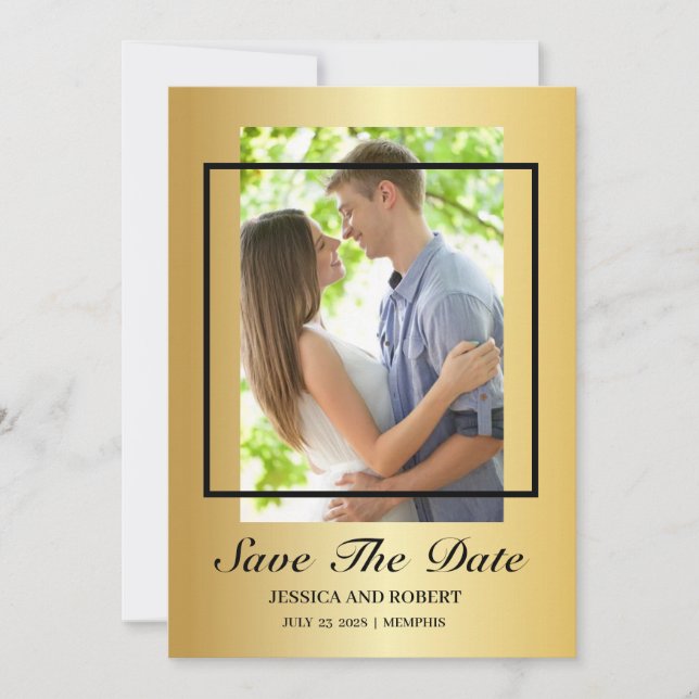 Convite Foto Moderna Preta E Dourada Salvar A Data (Frente)