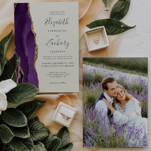 Convite Foto Moderna Púrpura Dourada Casamento de marfim