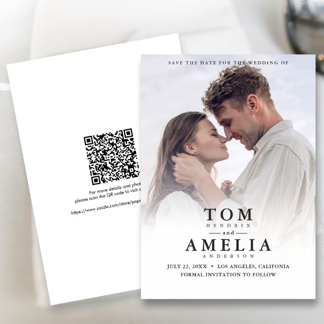 Convite Foto Moderna Simples Salvar Data Código QR Casamen (The QR code makes it easy for guests to visit your website for more details about your wedding.)