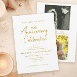 Convite Foto Moderna Surpresa 50º Aniversário de Casamento<br><div class="desc">Este convite surpresa do 50º aniversário de casamento apresenta um design mínimo moderno acentuado com caligrafia de estilo manuscrito. O impressão aparece em ouro sobre fundo branco limpo e o design oferece espaço para duas fotos no verso.</div>