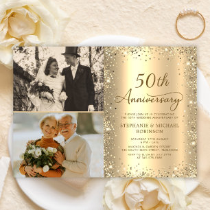 Convite Foto Moderno Brilho Dourado 50º Aniversário de Cas