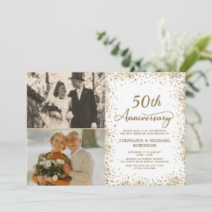Convite Foto Moderno Brilho Dourado 50º Aniversário de Cas