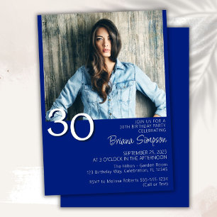 Convite Foto Moderno Minimalista Azul Real 30º Aniversário
