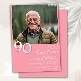 Convite Foto Moderno Minimalista Rosa Aniversário de 90 an
