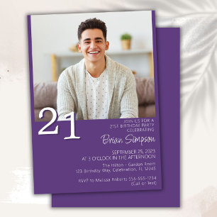 Convite Foto Moderno Minimalista Roxo Aniversário de 21 An