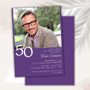Convite Foto Moderno Minimalista Roxo Aniversário de 50 an