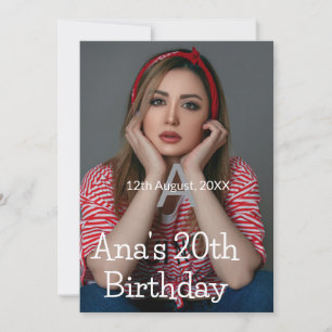 Convite Foto monograma feliz cinza de aniversário branco