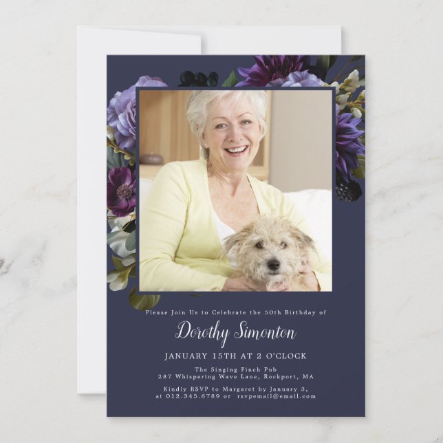 Convite Foto Moody Purple Floral com Festa de aniversário  (Frente)