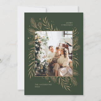 Convite Foto Natal Família Férias Verde Escuro dourado
