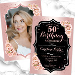 Convite Foto negra Dourada Elegante Foto 50º Aniversário d<br><div class="desc">Elegante convite floral feminino de 50 anos com sua foto no final do cartão. Design de vidro com ouro de rosa de cintilação falsa. Funcionalidades cor-de-rosa pincelado, tipo de letra de script e confetti. Perfeito para uma festa de comemoração de na moda adulto. Personalize com seus próprios detalhes. Pode ser...</div>
