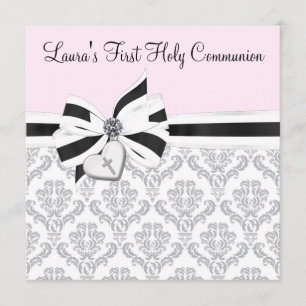 Convite Foto negra rosa Damask Heart Cross First Communtio