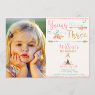 Convite Foto nova selvagem de Boho de três aniversário d
