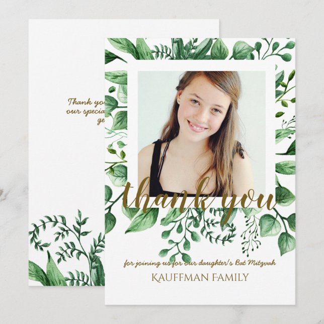 Convite FOTO OBRIGADO Bat Mitzvah Card - Dourado preto (Frente/Verso)