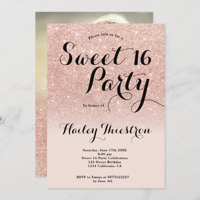 Convite Foto ombre glitter rosa dourada-chic Sweet 16 (Frente/Verso)