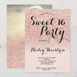 Convite Foto ombre glitter rosa dourada-chic Sweet 16