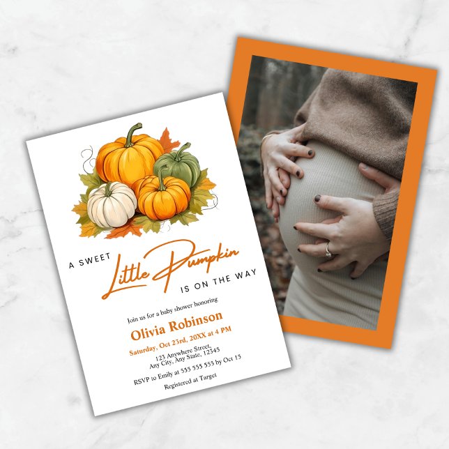 Convite Foto Orange Autumn A Little Pumpkin Chá de fraldas (Photo Orange Autumn A Little Pumpkin Baby Shower Invitation  )