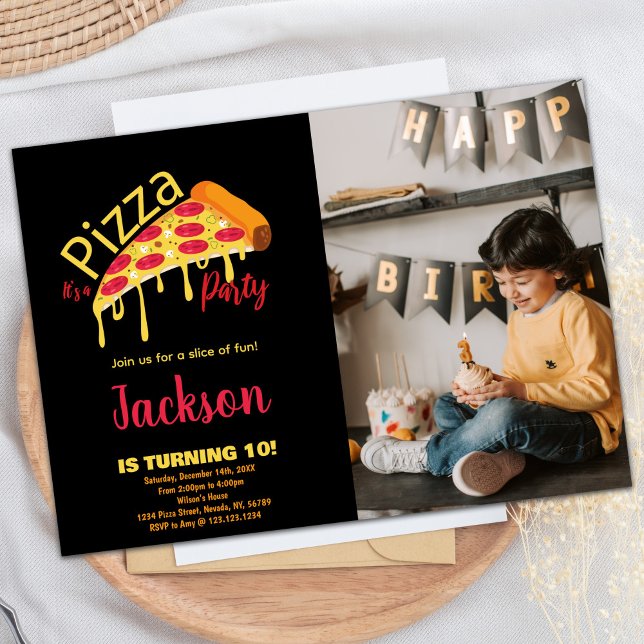 Convite Foto Orange Black Red Pizza Birthday Invances (Photo Orange Black Red Pizza Birthday Invitations)