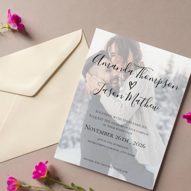 Convite Foto para Casamento de Efeito de Vellum Fa (Faux Vellum Effect Photo Wedding Invitation)