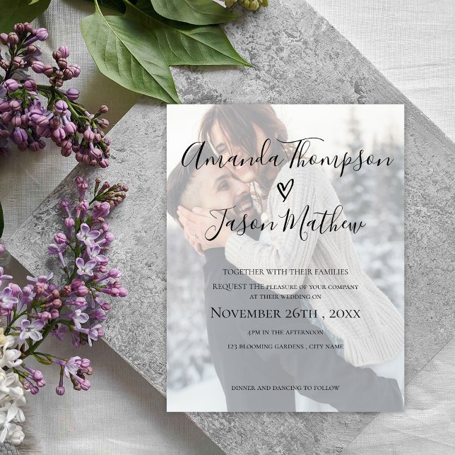 Convite Foto para Casamento de Efeito de Vellum Fa (Modern Faux Vellum Photo Wedding Invitation)