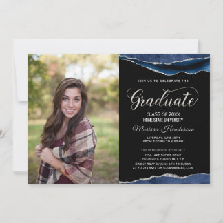 Convite Foto para Graduação Azul Moderno e Prata Convidada