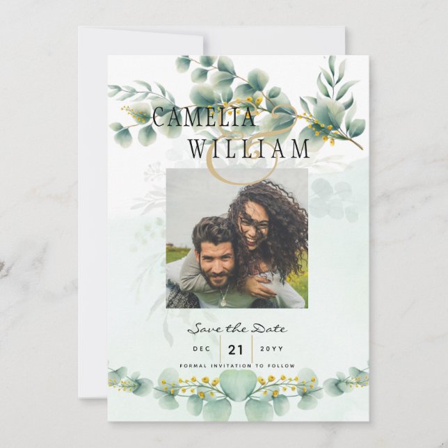 Convite Foto para salvar as datas Eucaluptus Dourado Moder (Frente)