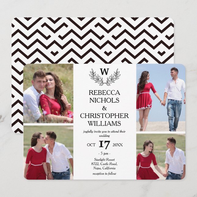 Convite Foto personalizada: 4 Foto Laurel Monogrammed Wedd (Frente/Verso)