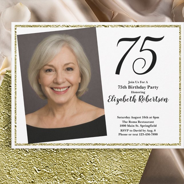 Convite Foto personalizada 75º branco e Dourada (Criador carregado)