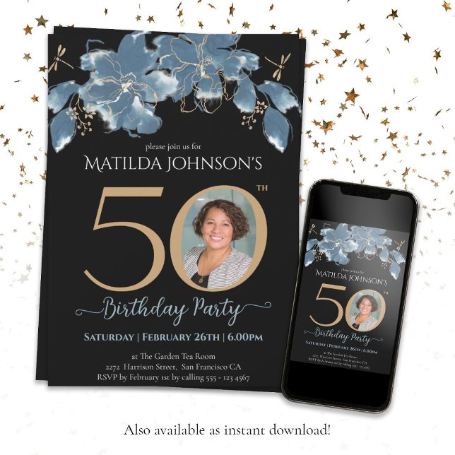 Convite Foto Personalizada Azul Dourado Floral 50º Anivers (Black 50th Birthday Blue Gold Floral Custom Photo Invitation)