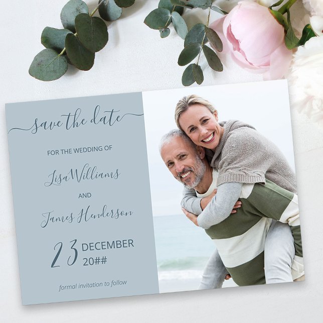 Convite Foto personalizada azul empoeirada com dois tons S (Light Blue Wedding Save the Date with Photo)