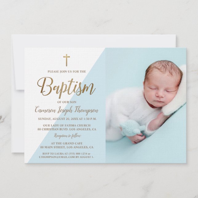 Convite Foto personalizada Baby Boy Baptism Dourado Cruz a (Frente)