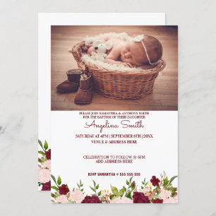 Convite Foto personalizada Burgundy Floral Baptism