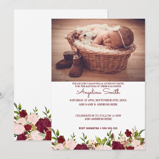 Convite Foto personalizada Burgundy Floral Baptism (Frente/Verso)