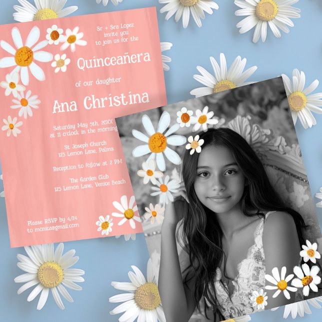 Convite Foto Personalizada Com Pintura Do Buquê Quinceañer (Quinceañera Daisy Bouquet Handpainted Custom Photo Invitation
)