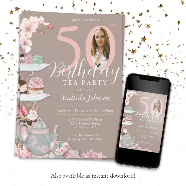 Convite Foto personalizada, cor-de-rosa, do 50º aniversári (50th Birthday Tea Party Floral Pink Custom Photo Invitation)