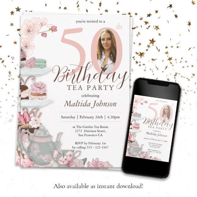 Convite Foto Personalizada Cor-de-Rosa Floral de 50º Anive (Tea Party 50th Birthday Floral Pink Custom Photo Invitation)