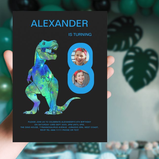 Convite Foto personalizada da Festa de aniversário Dinossa (Dinosaur 8th birthday party photo invitation with colorful T-Rex dino)