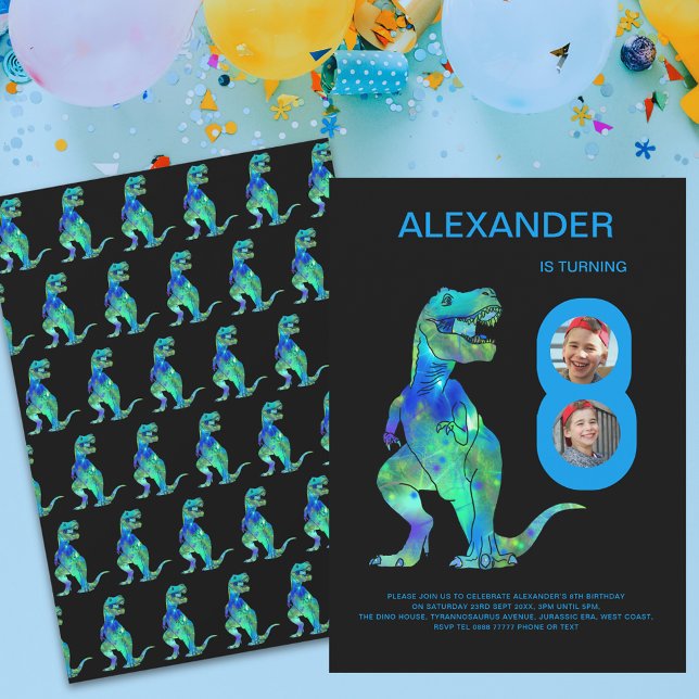 Convite Foto personalizada da Festa de aniversário T-Rex D (Modern dinosaur T-Rex 8th birthday party photo invitation )