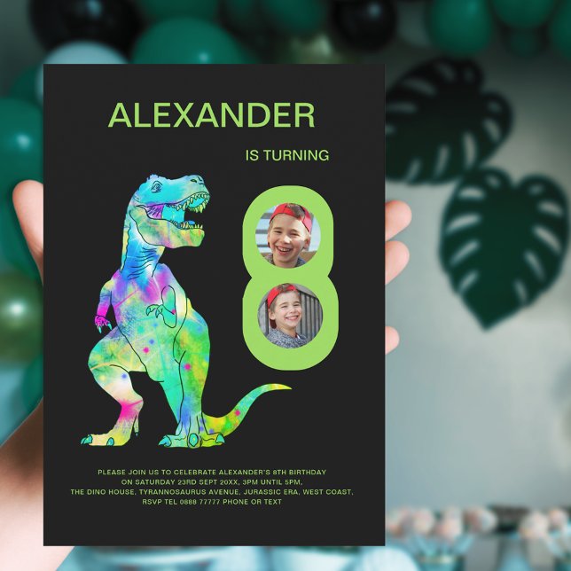 Convite Foto personalizada da Festa de aniversário T-Rex D (Colorful Dinosaur T-Rex 8th birthday party 2 photo collage green and black invitation)