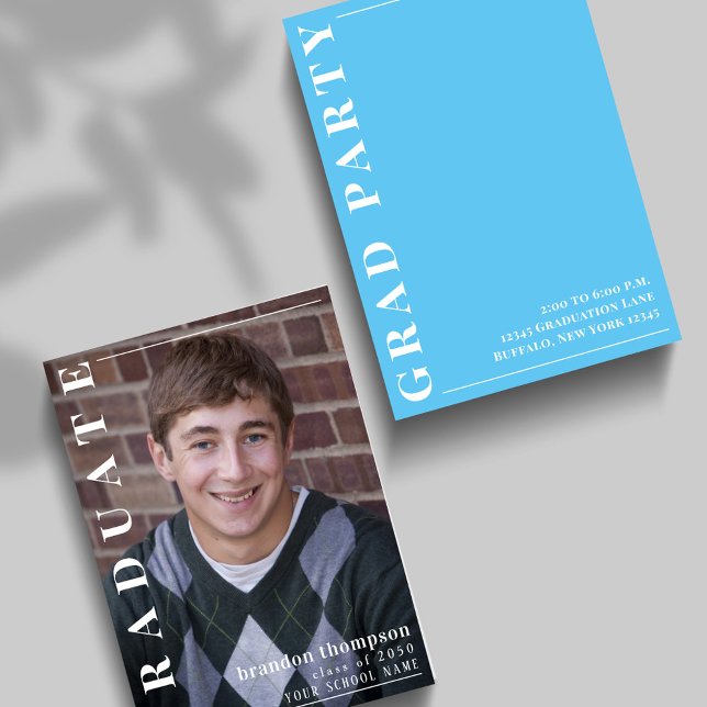 Convite Foto personalizada da Festa de formatura azul mode (Graduation photo invitation announcement With Carolina Blue. )