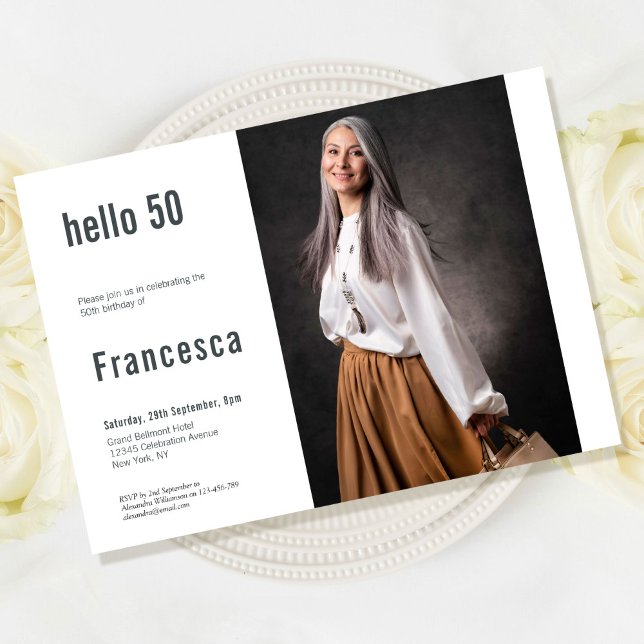 Convite Foto personalizada de 50º aniversário, Festa de 50 (Hello 50 Birthday Party Invitation)
