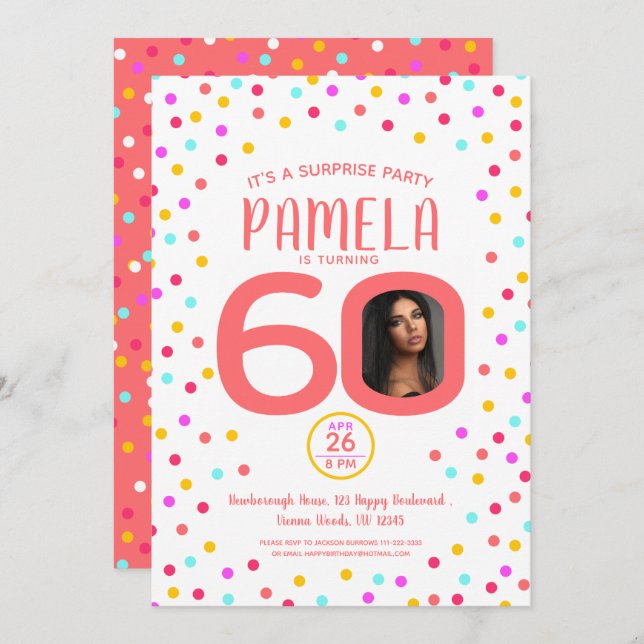 Convite Foto personalizada de 60º aniversário confetti (Frente/Verso)