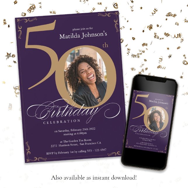 Convite Foto personalizada de caligrafia Dourada Púrpura 5 (Purple Gold 50th Birthday Calligraphy Custom Photo Invitation
)