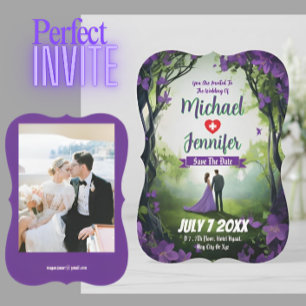 Convite Foto personalizada de casamento da floresta roxa S