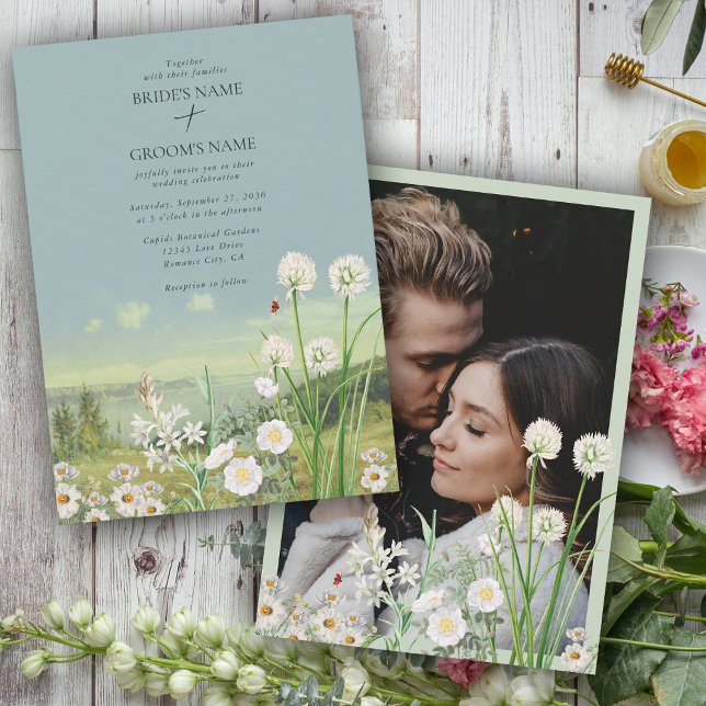 Convite Foto Personalizada De Casamento De Paisagem De Wil (Wildflower Mountain Landscape Wedding Custom Photo Invitation)