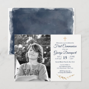 Convite Foto personalizada de Elegant Blue First Communion