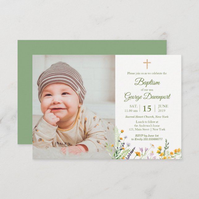Convite Foto personalizada de Flores Selvagens Baptism Con (Frente/Verso)