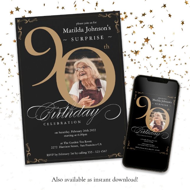 Convite Foto personalizada de preto Dourado de Aniversário (Surprise 90th Birthday Gold Black Custom Photo Invitation)