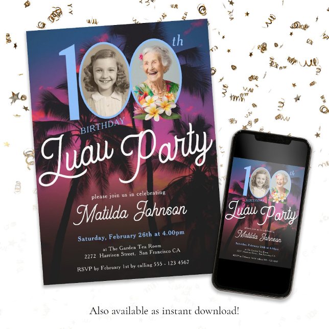 Convite Foto personalizada divertida Luau 100ª Festa de an (100th Birthday Luau Party Classy Fun Custom Photo Invitation)